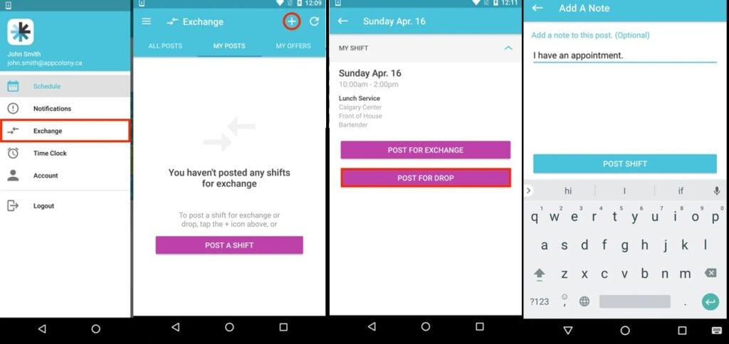 Employees can easily post shifts for exchange or drop using the MakeShift app, with optional notes and real-time updates.