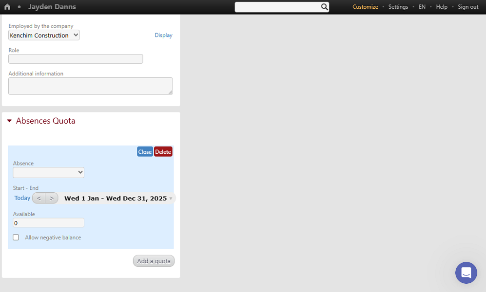 Screenshot showing the absence quota module
