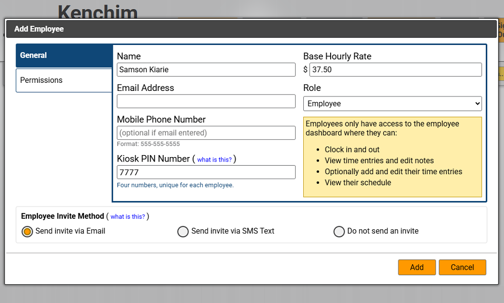 Screenshot showing an employee form
