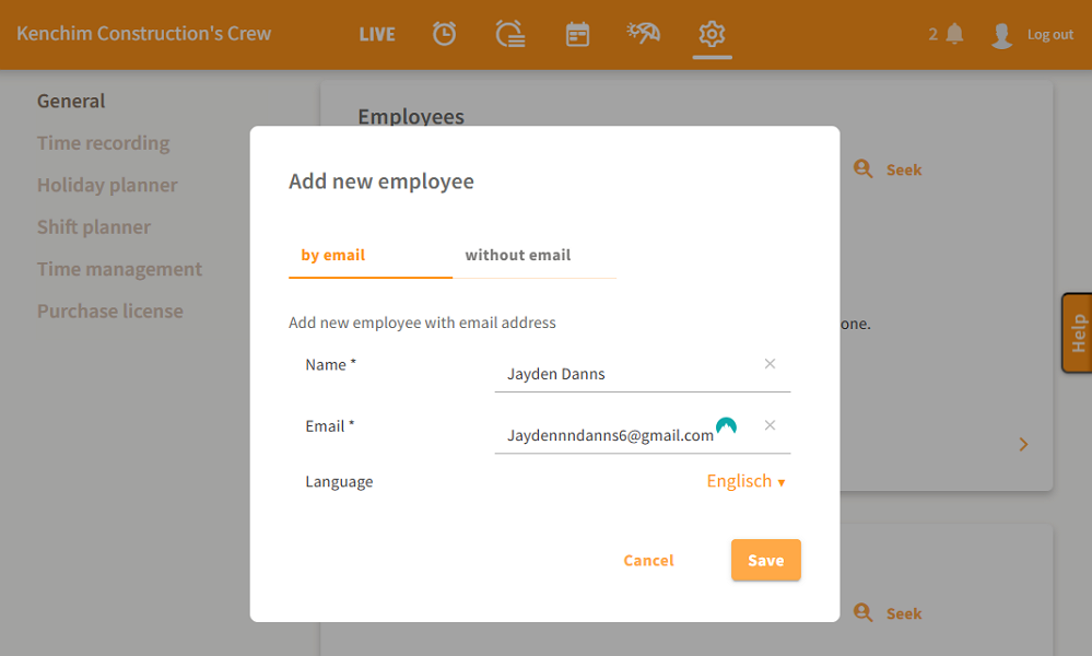 Screenshot showing the new employee page.