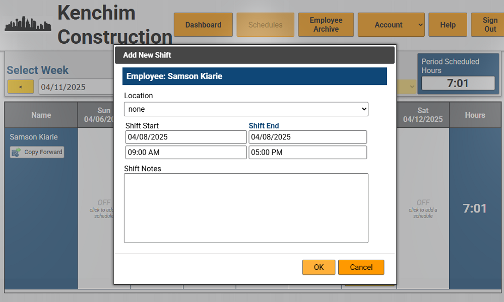 Screenshot showing the shift detail page