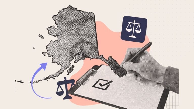 A collage of an outline of the state of Alaska and labor law concepts
