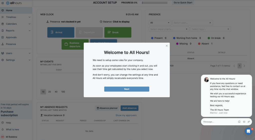 A screenshot of the first message you see when you log into All Hours. The setup instructions are in the middle of the page, and the AI support tool is in the bottom right-hand corner.
