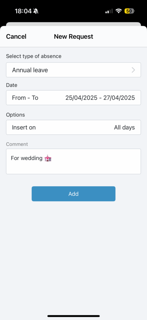 A screenshot from All Hours’ mobile app showing how users can add comments to their annual leave requests.