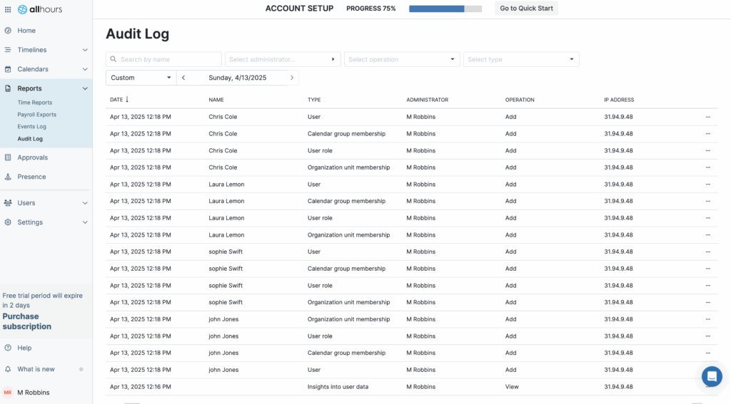A screenshot of the Audit Log from the All Hours web app.