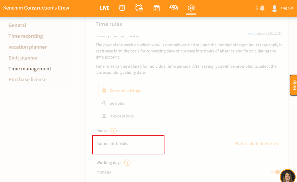 Screenshot showing automatic breaks settings.