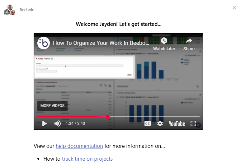 Screenshot showing Beebole’s welcome video
