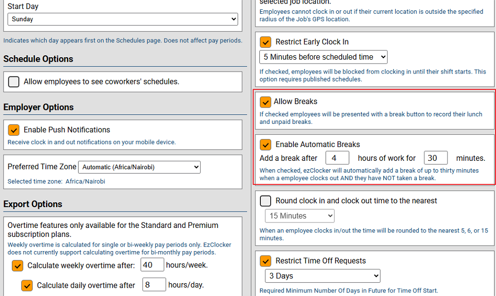 Screenshot showing ezClocker’s break options