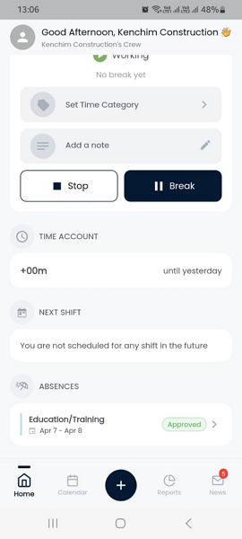 Screenshot showing break tracking button.