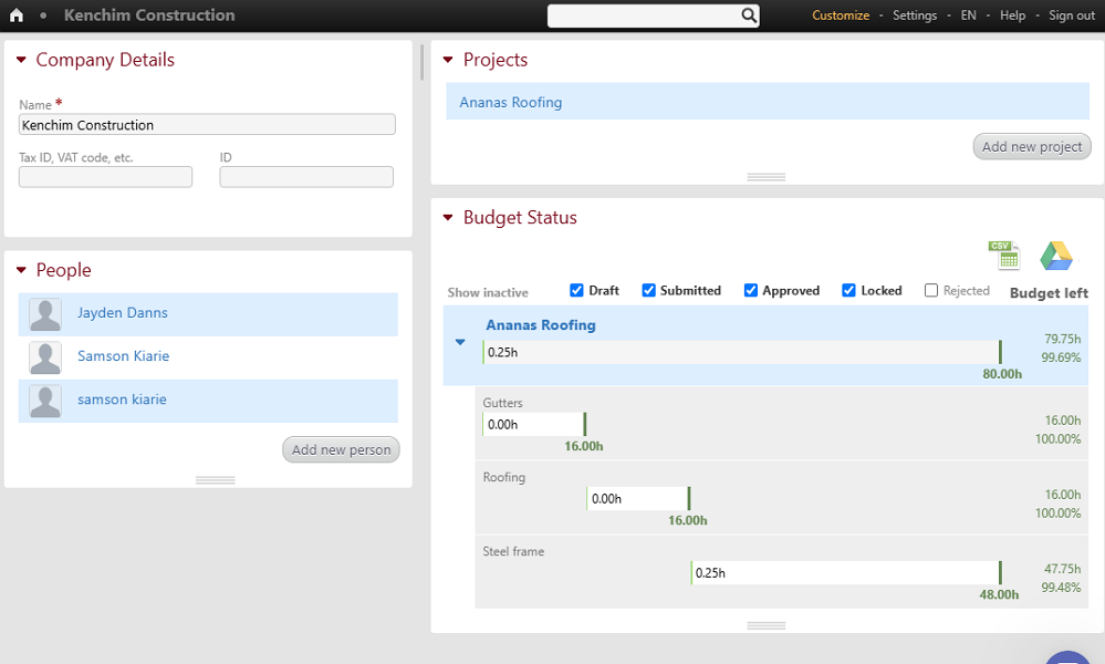 Screenshot showing Beebole budget tracking