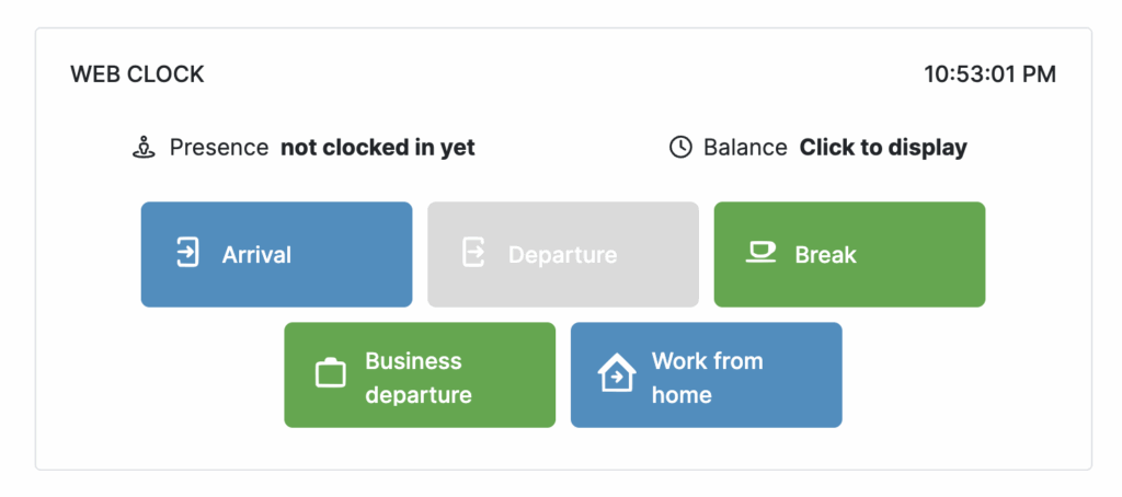 A screenshot of All Hours’ web app clock-in tool, featuring several buttons in various shades of blue and green.