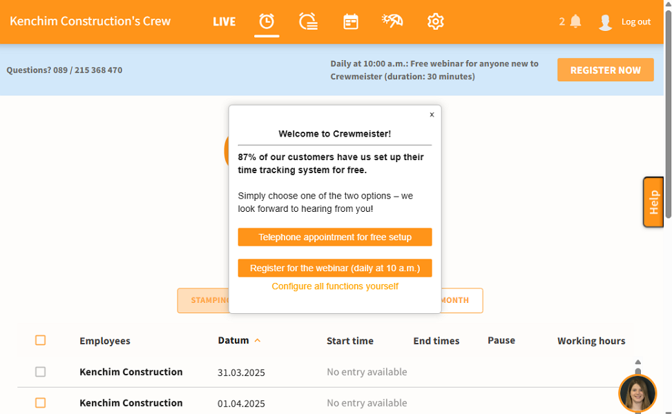 Screenshot showing Crewmeister post-signup options