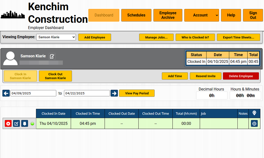 Screenshot showing ezClocker web app interface