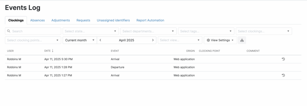 A screenshot of the Events Log from the All Hours web app.