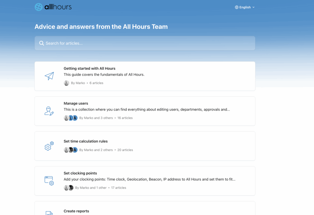 The All Hours FAQ section, with a handy search bar for finding the answers you need.