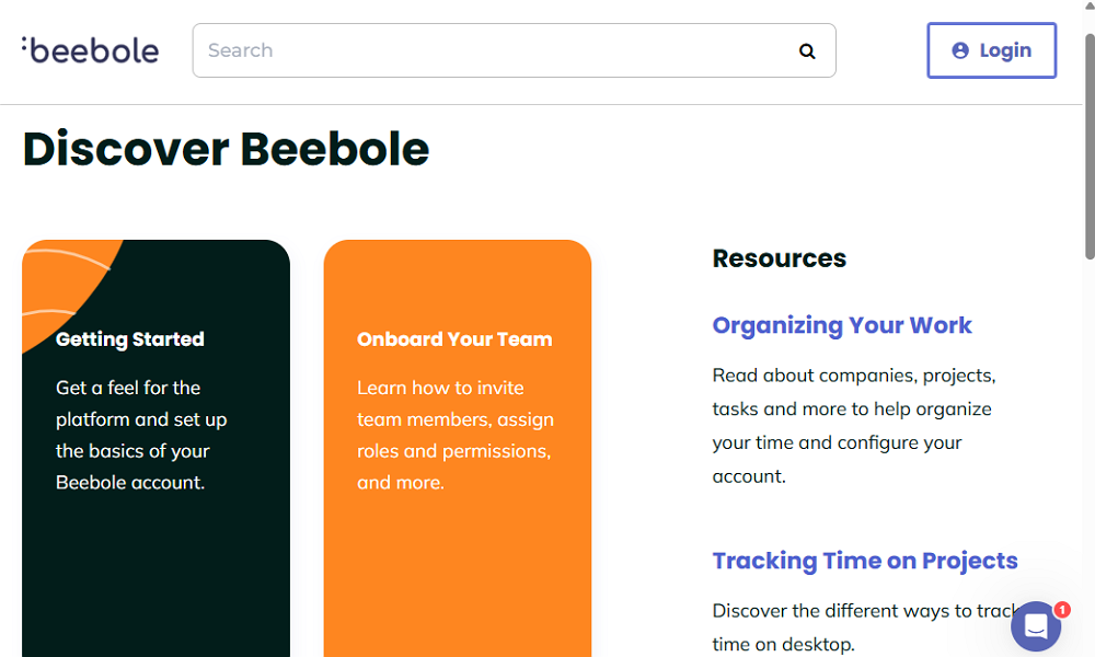 Screenshot showing Beebole’s help center