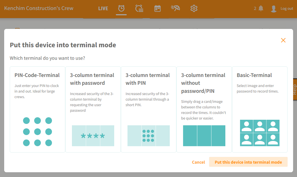 Screenshot showing Crewmeister terminal modes.