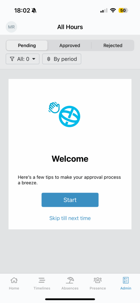 A screenshot from All Hours’ mobile app showing the first page of the mobile tutorial.