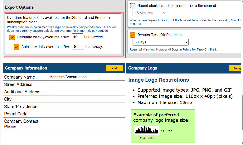 Screenshot showing ezClocker’s overtime options