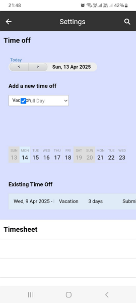 Screenshot showing leave request page on mobile