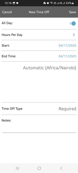 Screenshot showing the time request page on mobile