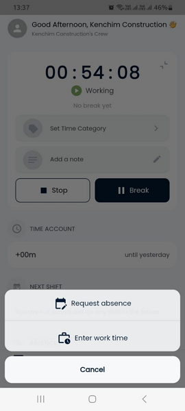 Screenshot showing absence request pop-up