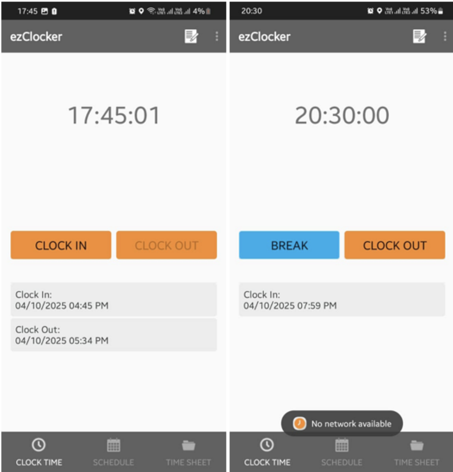 Screenshots showing the mobile app before and after clocking in.