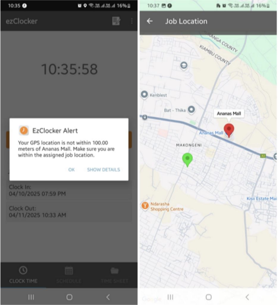 Screenshot showing ezClocker’s geofence alerts.