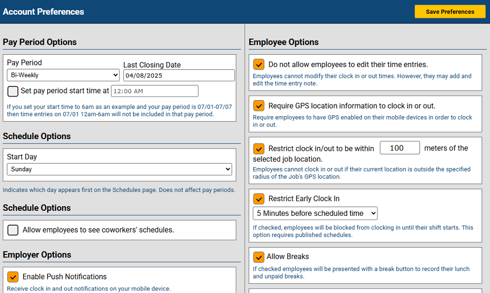 Screenshot showing ezClocker settings page