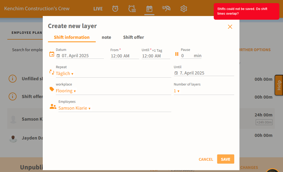 Screenshot showing the Crewmeister recurring shift tool