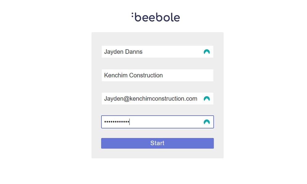 Screenshot showing the Beebole signup page