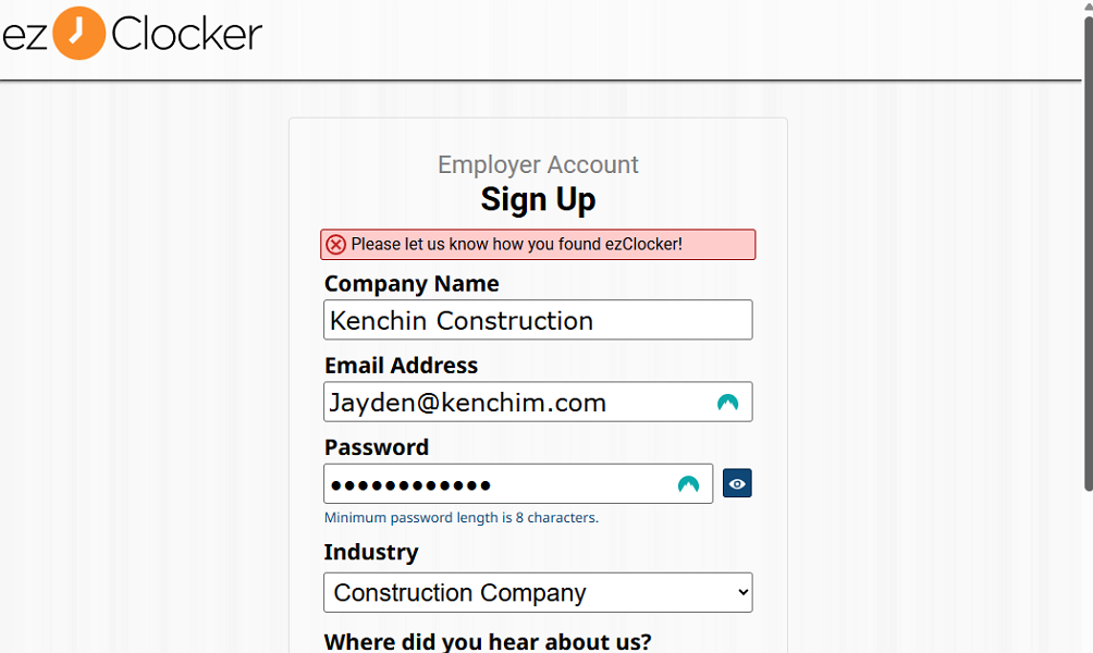 Screenshot showing the ezClocker signup page.