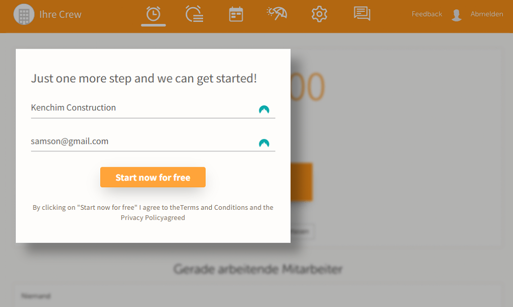 Screenshot showing the Crewmeister signup page.