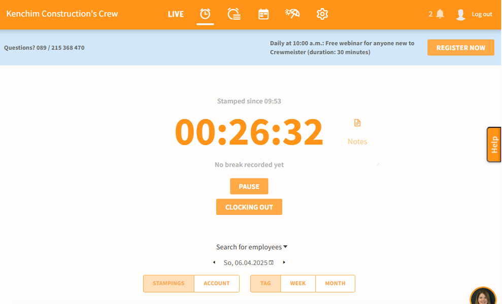 Screenshot showing the Crewmeister web app UI