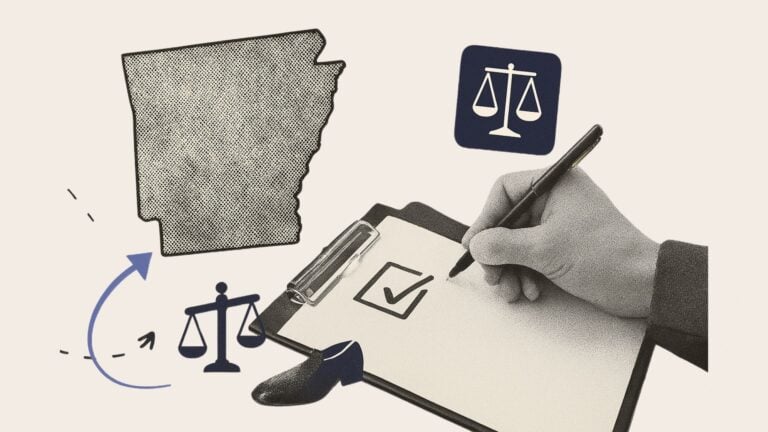 A collage of a hand with a clipboard, legal scales and the state outline of Arkansas