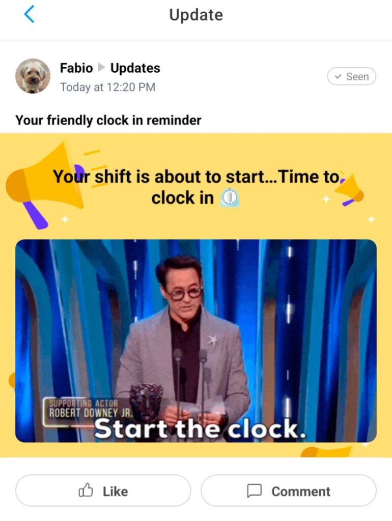 A screenshot of Connecteam’s Update feature showing a clock-in reminder message