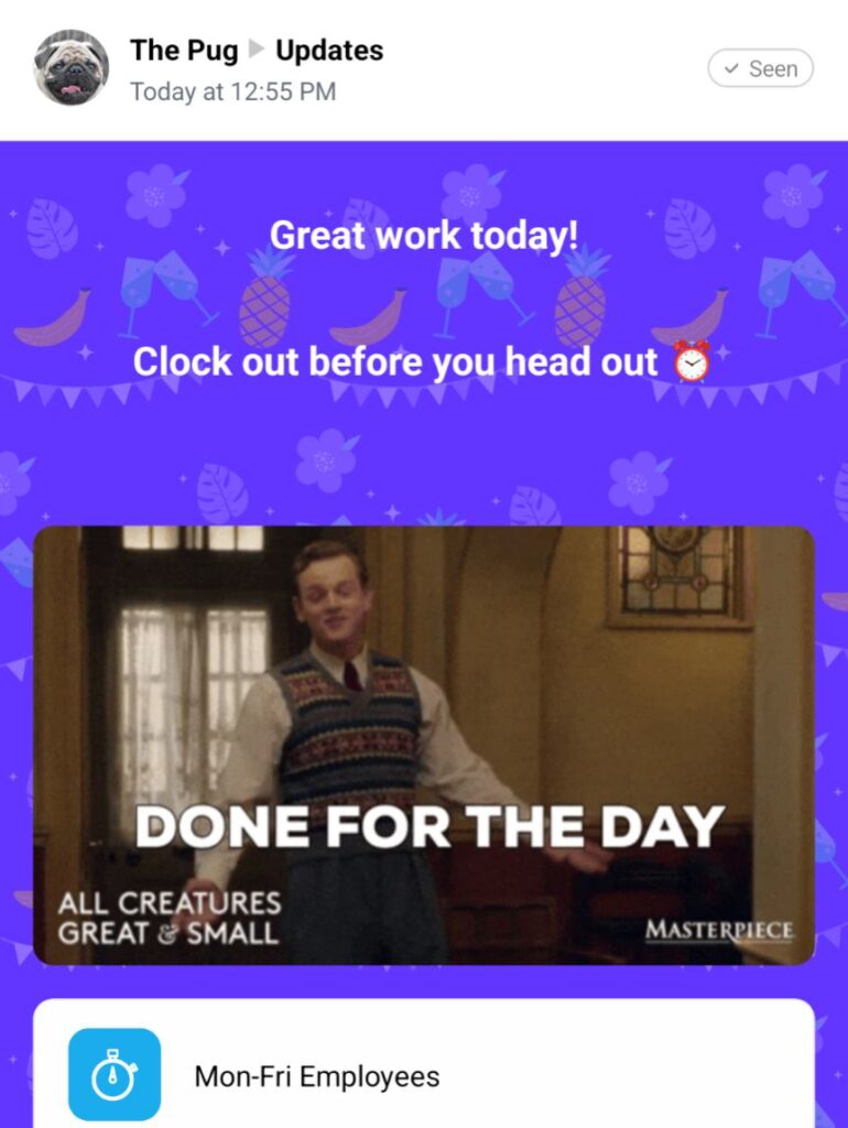A screenshot of Connecteam’s Update feature showing a clock-out reminder message