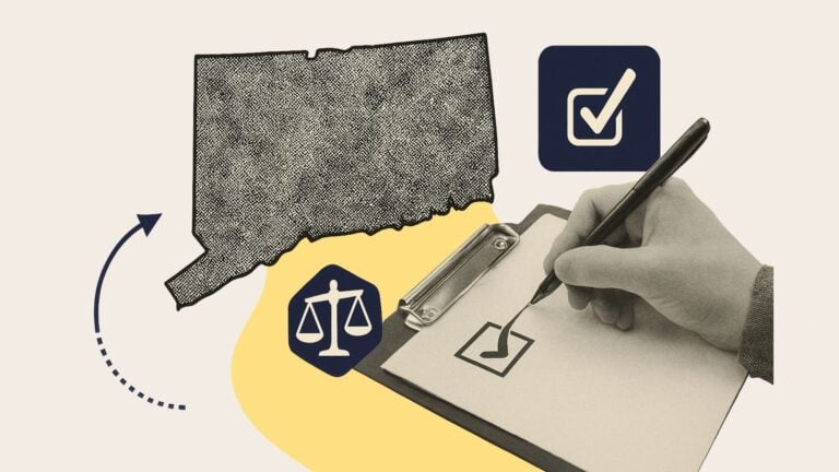 A collage of a hand with a clipboard, legal scales and the state outline of Connecticut