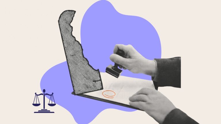 A collage of a hand with a legal document, legal scales and the state outline of Delaware