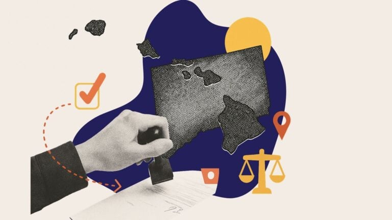 A collage of a hand with a legal document, legal scales and the state of Hawaii