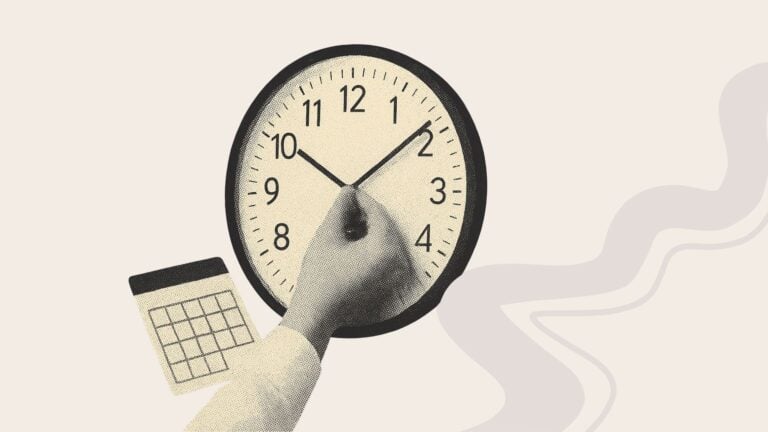 A collage of a hand setting a clock and a calendar
