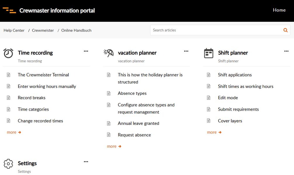 Screenshot showing the Crewmeister information portal