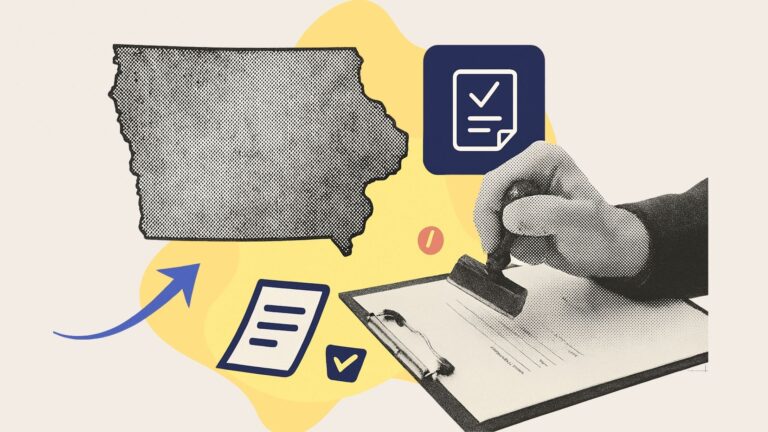A collage of a hand with a legal document, legal scales and the state of Iowa
