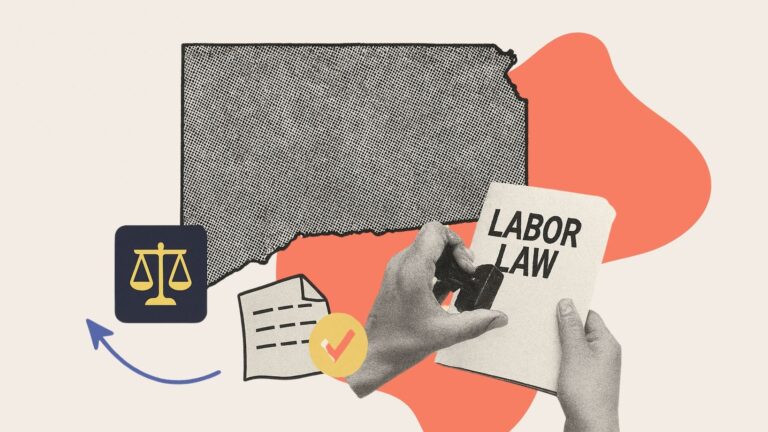 A collage of a hand with a legal document, legal scales and the state of Kansas