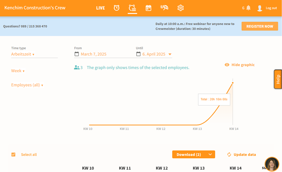Screenshot showing the Crewmeister reporting page