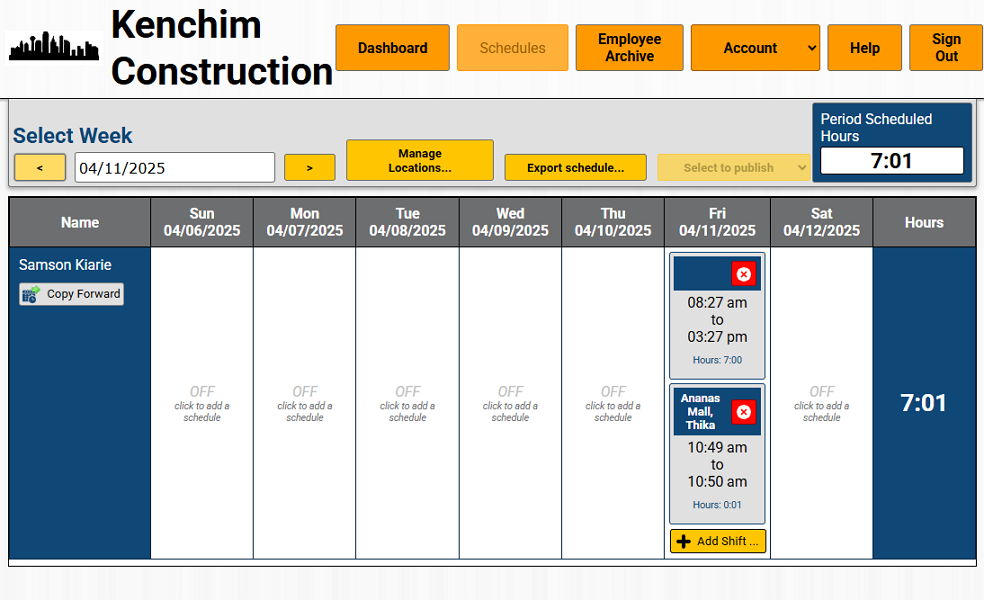 Screenshot showing ezClocker schedule page
