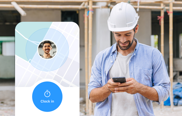 Construction worker using Connecteam time clock