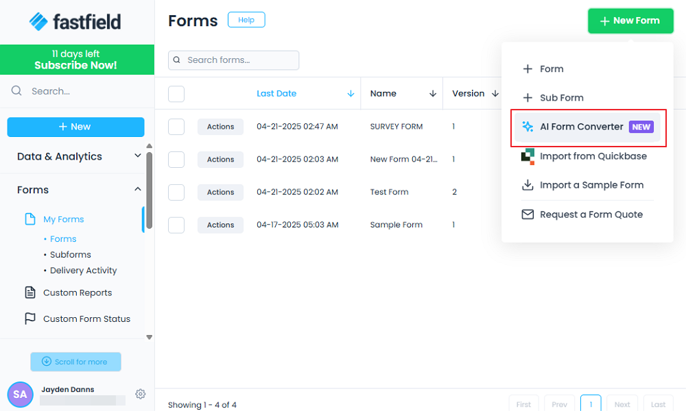 Screenshot showing the AI form converter option.