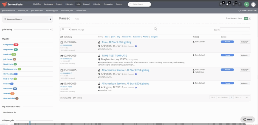 Service Fusion’s admin dashboard showing all jobs in the system and their color-coded statuses.