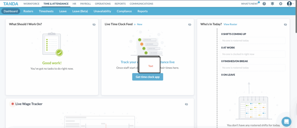 Tanda’s admin dashboard showing 2 top navigation bars and widgets for tasks, wages and staff availability.